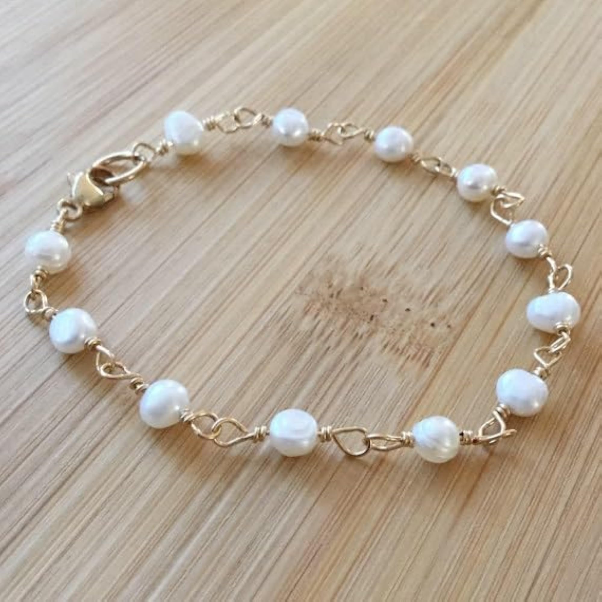 Fresh Water Pearl Round Beaded Bracelet with Gold Lock, Adjustable 7 Inch