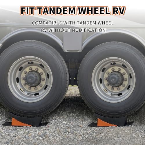 Image of OULEME RV Leveling Blocks, Camper Leveler System 2 Packs for Dual Axle Tandem Wheel Travel Trailer, Include 2 Curved Leveler Ramp, 2 Chock, 2 Rubber Mat, 1 T Bubble Level, 1 Carry Bag, Orange