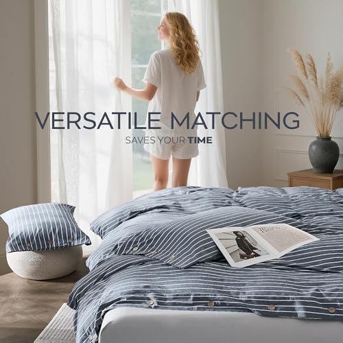 Image of JELLYMONI 100% Washed Cotton Striped Duvet Cover Set King, Linen-Like | 100% Washed Cotton, Linen-Look Texture, Oeko-Tex Certified, 8 Corner Ties & Button, Multi-Scene Use