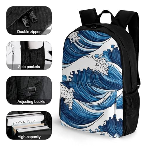 Casual Daypack Multipurpose Anti-Theft Large Capacity Carry On Bag - Japanese Ocean Sea Blue Wave Casual Daypack Climbing Shoulder Bag With Padded Straps3