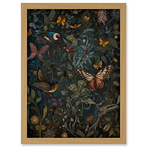 Artery8 William Morris Style Plants Birds and Butterflies Artwork Framed A3 Wall Art Print, Framed Light Oak A3, 45.5L x 33W cm