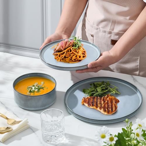 Image of E-far Stoneware Dinnerware Sets, 18-Pieces Modern Plates and Bowls Sets, Kitchen Dinning Porcelain Dishes Set for 6, Chip & Scratch Resistant, Dishwasher & Microwave Safe, Dusty Blue