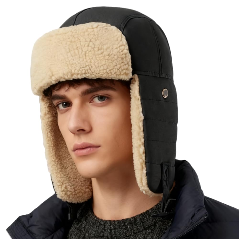 Chapeaux d'Hiver en coton, Femme Homme Chapka de trappeur Chapeau Chaud Anti-vent Bonnet Ski Snowboard Chasse Camping Randonnée Epais Bonnet d'aviateur Russe avec Rabats d'oreille Réglable 58-60CM