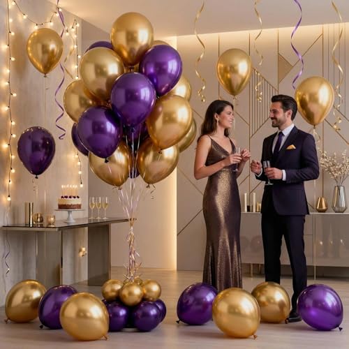 Image of Purple and Gold Balloons,60pcs12inch Dark Purple and Metallic Gold balloon for Graduation Wedding Birthday Party Decorations