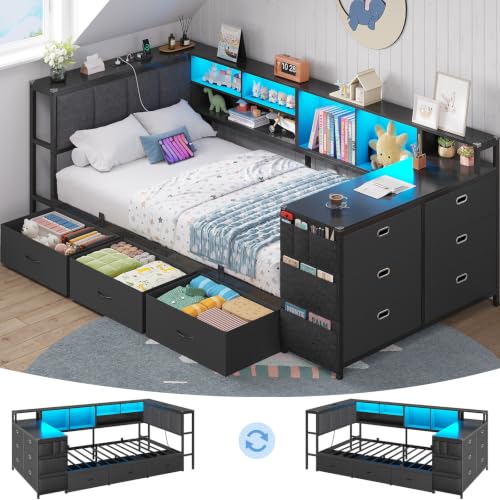 Brinlawb Lit Banquette 90x190 cm Canapé Lit avec 1 Bureau et 1 Commode à 6 Tiroirs, Lit Enfant avec Éclairage LED et Multiprise(2 Prises AC, 2 Ports USB), Lit 1 Place avec Tête de Lit Rembourrée, Noir