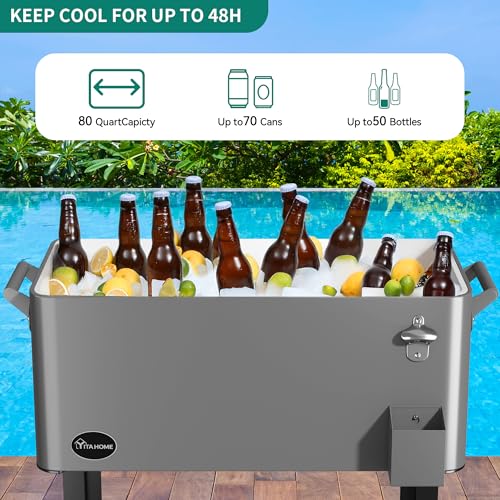 Image of YITAHOME 80 Quart Rolling Cooler Cart with Bottle Opener Drainage, Portable Wicker Patio Cooler Rolling on Wheels, Outdoor Beverage Cart Rolling Drink Cooler for Patio Pool Deck Party Cookouts