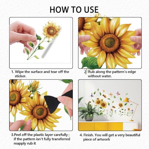 SUPERDANT Large Sunflower Wall Decals Garden Flower Wall Stickers Butterflies Bees Peel and Stick Vinyl Wall Decor Wallpaper Wall Art Mural for Bedroom Living Room Kitchen Bathroom TV Background - Image 3