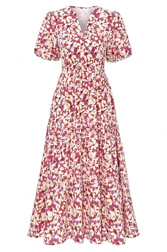 dowerme Womens Summer Dresses 2026 Casual Puff Short Sleeve V Neck Floral Boho Tiered Ruffle Maxi Dress with Pockets(Red Brown Beige Floral,Medium)