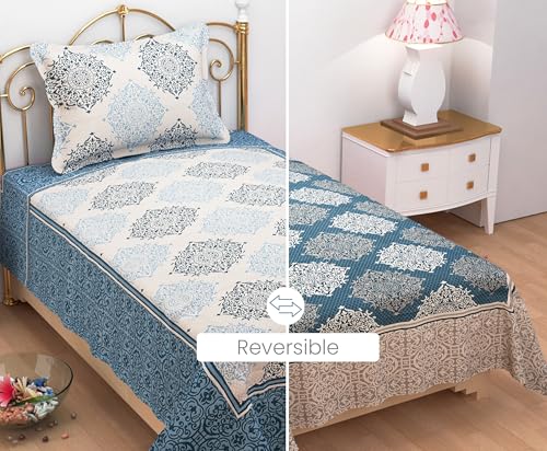 Image of Fresh From Loom Reversible 500Tc Bedsheet for Double Bed Queen Size Cotton | Traditional Print (90x60 Inches | 1 Pillow Cover | Aqua)