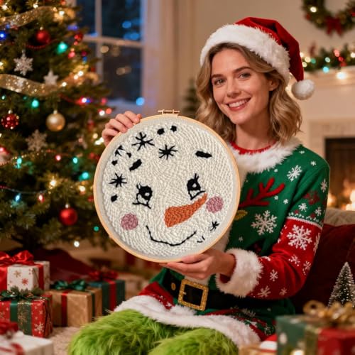 Image of Christmas Punch Needle Kits,Winter Snowman Punch Needle Kits for Beginners,DIY Punch Embroidery Art & Craft kit for Adults with Video Tutorial