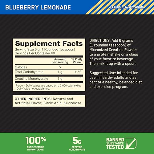 Image of Optimum Nutrition Micronized Creatine Monohydrate Powder, Blueberry Lemonade Creatine, 60 Servings, 360 Grams (Packaging May Vary) (Pack of 6)