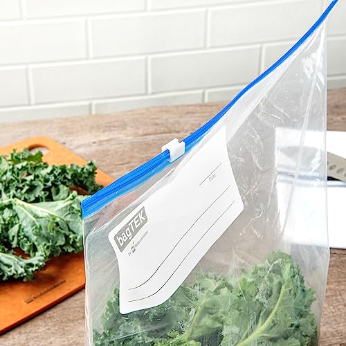 Image of Restaurantware-Bag Tek 2 Gallon Freezer Slider Bags, 25 Disposable Zipper Pouch Bags - Slide Zipper, Expandable Bottom, Clear Plastic Freezer Bag, With Write-On-Label, For Food Storage
