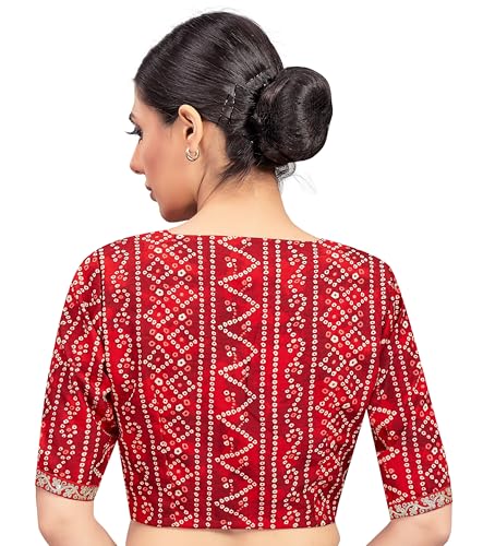 Image of Studio Shringaar Women's Cotton Bandhni Printed & Embroidered Saree Blouse With Elbow Length Sleeves