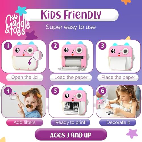 Image of CADDLE & TOES 48 MP 1080p HD Instant Print Camera Toy for Kids with Free App, 3 Rolls Print Paper, SD Card, Bluetooth, Fun Filters & Stickers | Birthday Gift for Girls & Boys Age 4-12 (Pink)