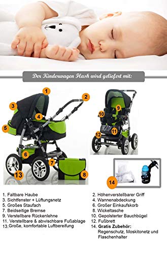 14 teiliges Qualitäts-Kinderwagenset 2 in 1 „FLASH“ in 38 Farben: Kinderwagen + Buggy - 14 teiliges Megaset in 38 tollen Farben