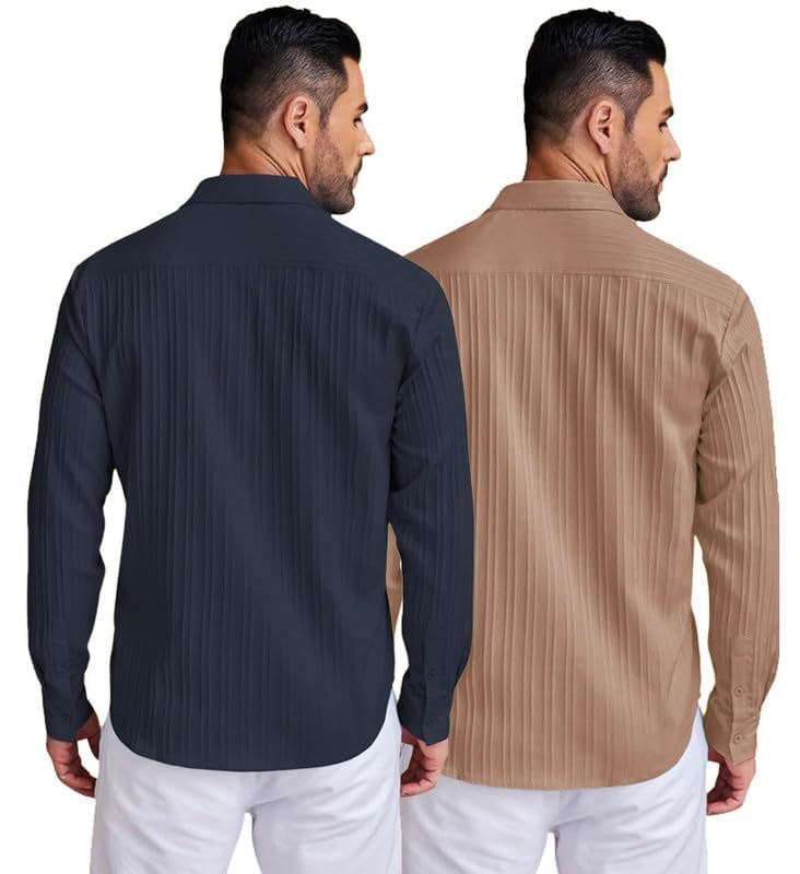 Image of DEELMO Combo of Men's Casual Button Down Shirts Long Sleeve Linen Shirt Fashion Textured Summer Shirts Pack of 2