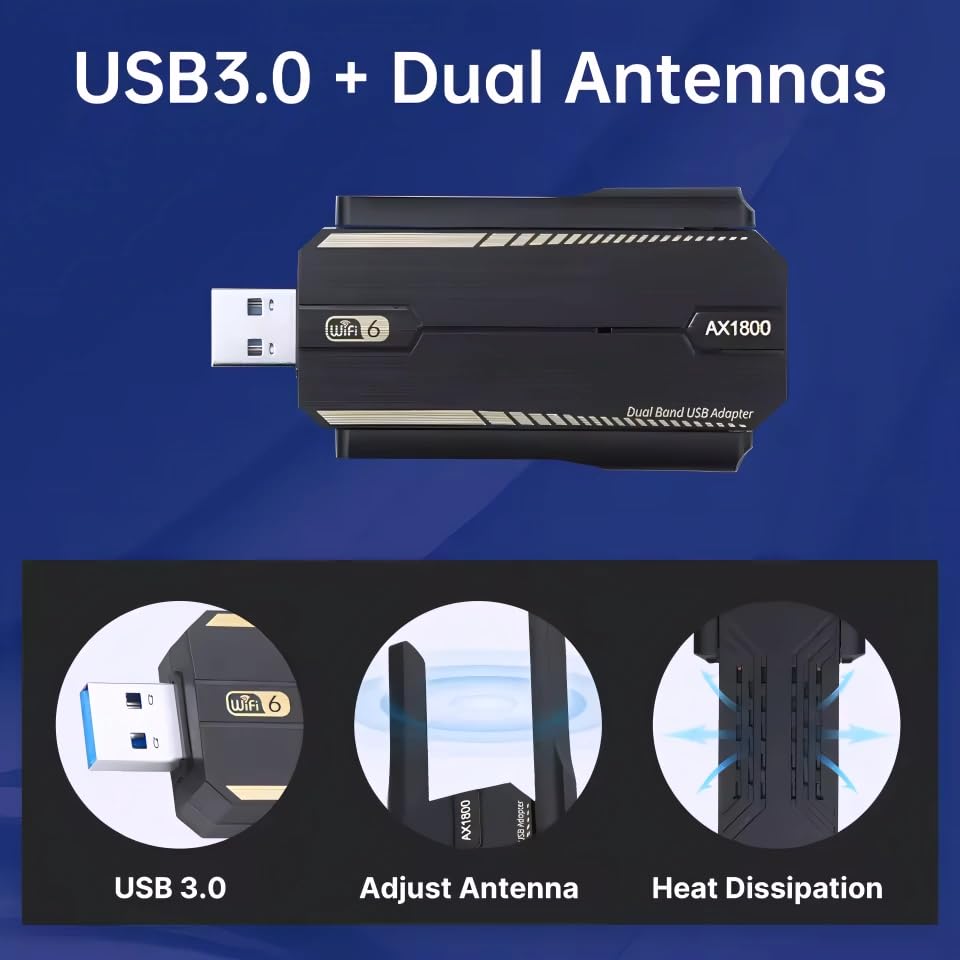 Image of AX1800 WiFi 6 USB Adapter for PC & Laptop, Dual Band 2.4GHz /5GHz Wireless USB 3.0 Network Dongle, High Gain Antenna, Plug & Play WiFi Receiver for Windows 11 /10, Gaming, Streaming & Office Use