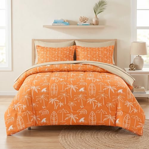 WeCozy 5 Pcs Twin Size Comforter Set with Pillowcase & Sham, Boho Palm Tree Beach Bedding for Kids and Adults, Summer Hawaiian Tropical Leaf Bed in a Bag with Flat Fitted Sheet