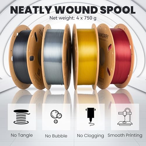 Image of TINMORRY Silk PLA Filament Bundle, 3D Printer Filament 1.75 mm Multicolor Pack, Red & Gold & Silver & Iron Black, 750g x 4 Spools