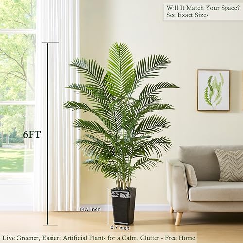 Image of Artificial Palm Tree:6FT Tall Fake Areca Palm Plant (Black Planter)