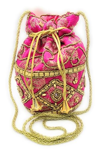 belelle Bolso Bombonera Mujer | Estilo Hindú para Fiesta, Boda o Regalo | Bolso de Mano y Bandolera Elegante (Rosa Dorado)