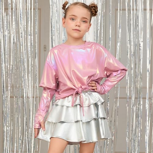 Image of Perfashion Girls Metallic Shirts Shiny Tie Front Knot Crop Top with Arm Sleeves for Dancing Raves Festivals 4-15 Years