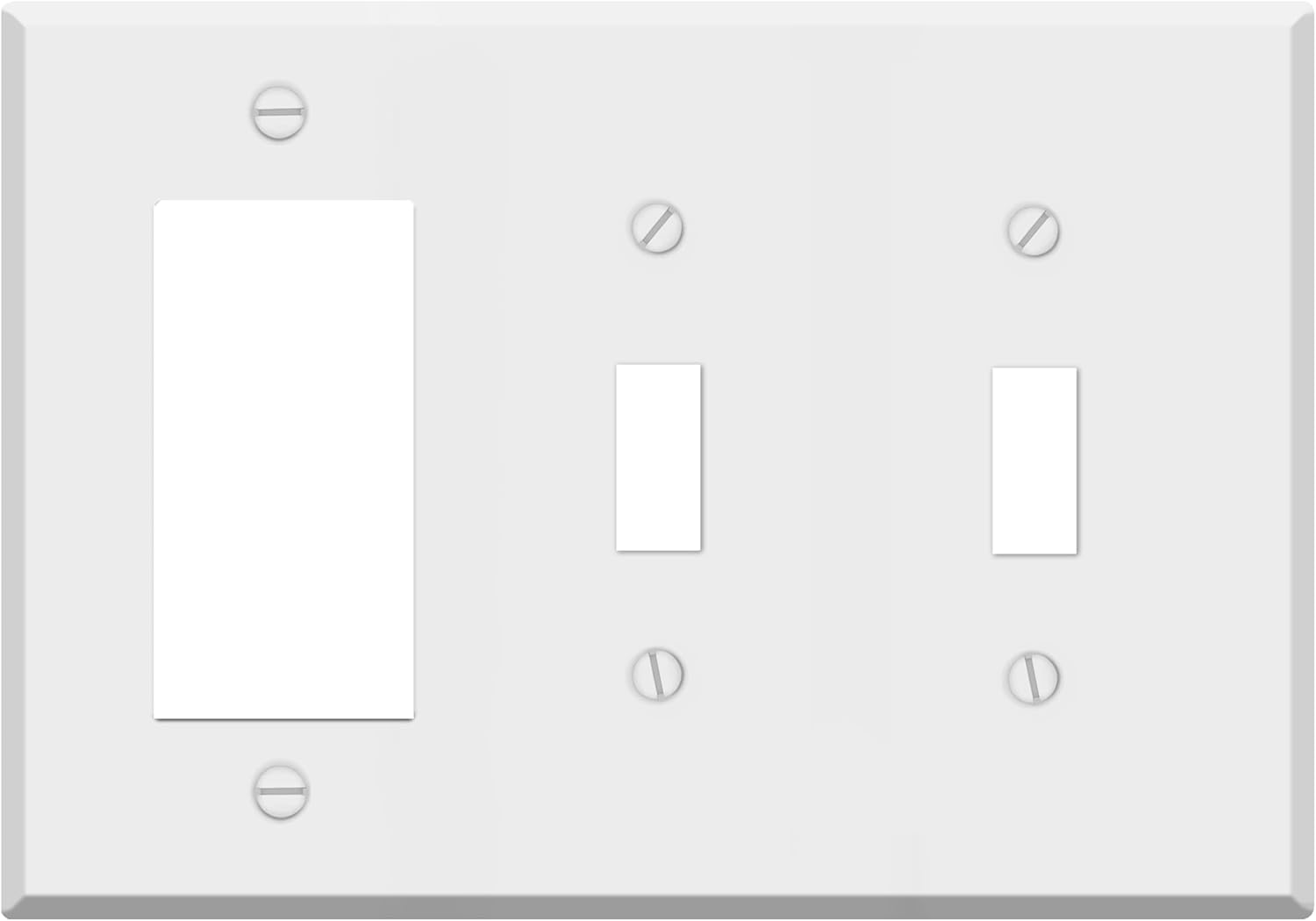 White Combination Switch Cover, Metal Wall Plate, 3-Gang Standard Size, 2 Toggle Switches, 1 Rocker Switch, 4.50" x 6.38", Corrosion and Heat Resistant, Unbreakable Material, Made In USA