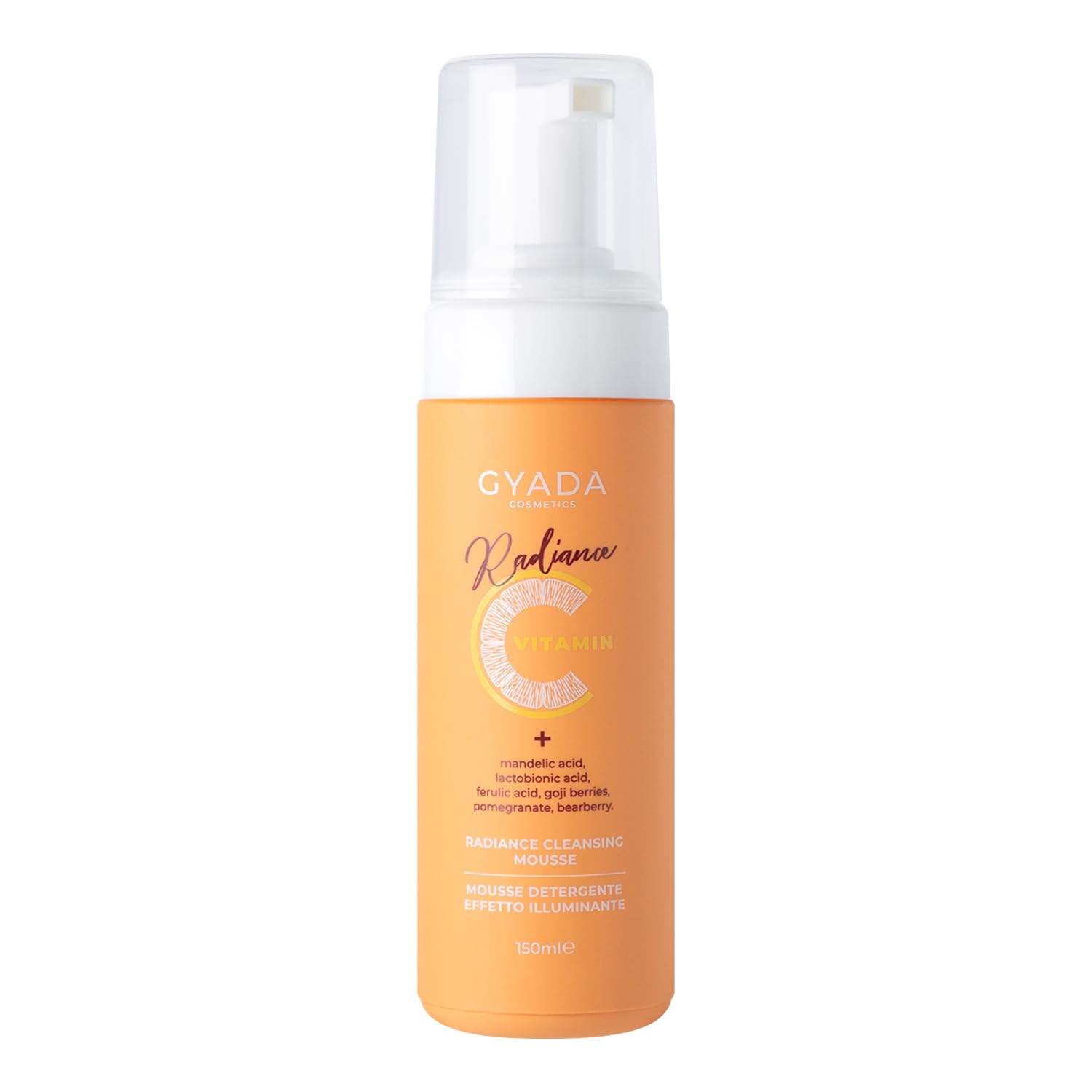 GYADA COSMETICS, Mousse Nettoyante Illuminatrice, Démaquille, Stimule le renouvellement cellulaire, Contrecarre les signes de l’âge et de l’expression, à base de Vitamine C, 150 ml