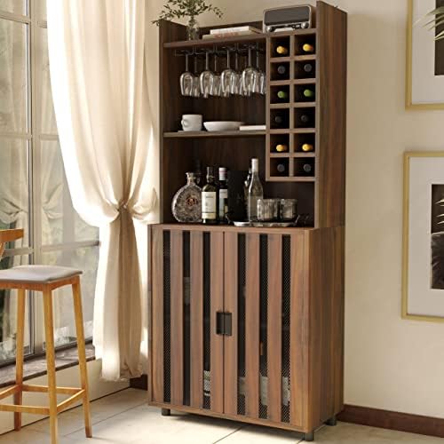 Apepro Wine Bar Cabinet for Liquor and Glasses with 12 Wine Bottle Racks, Kitchen Hutch Storage Cabinet for Living, Dinning Room, Hallway—Doors That Combine Wire Mesh with Wood