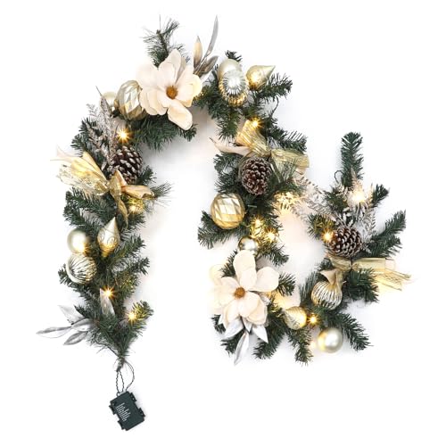 Prelit 6 Ft Christmas Garland with Lights - Battery Operated, Waterproof, Lighted for Mantle, Stairs, Table - White & Gold