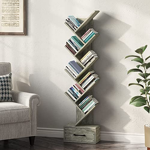 Rolanstar Bookshelf With Wooden Drawer, 9 Shelf Tree Bookshelf, Modern Book Storage, Free Standing Tree Bookcase, Utility Organizer Shelves For Home Office, Living Room, Bedroom, Light Grey #TOP4