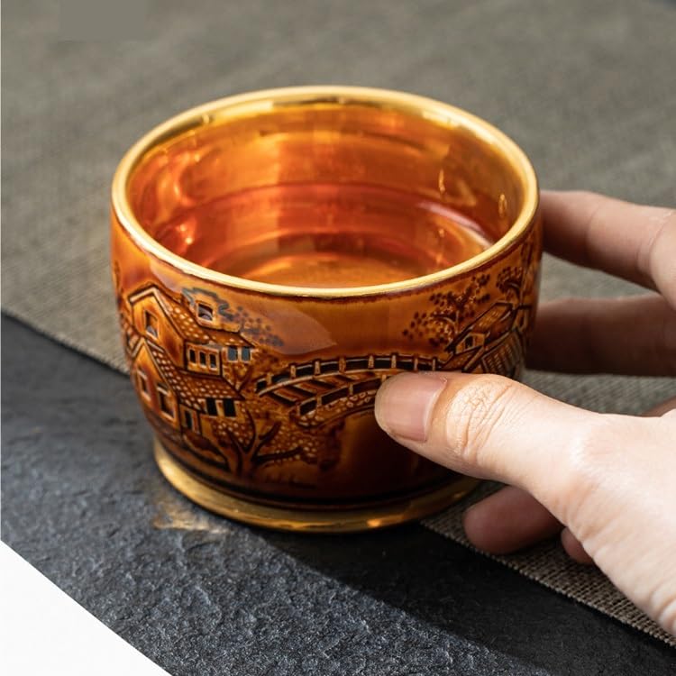 Taza de té Tazón dorado - Juego Celadon Kung Fu cerámica individual for uso doméstico Recipiente for remojo(A)