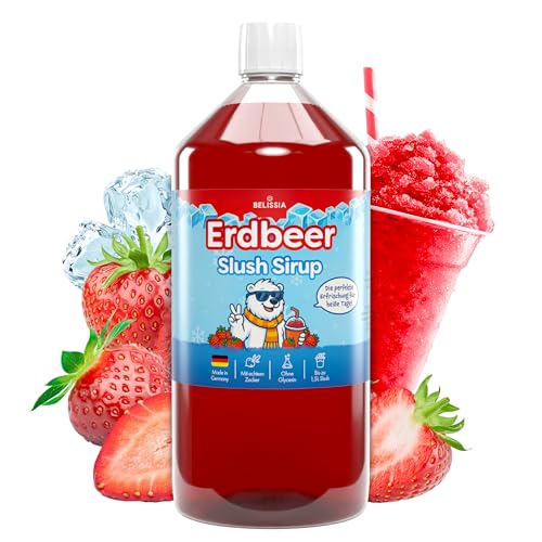 Belissia Slush Eis Sirup 1000ml Konzentrat | Erdbeer Geschmack | sehr ergiebig in knalligen Farben (1:5) für bis zu 6 Liter | Glycerin frei – für Slush-Eis - Maschinen & Wassereis