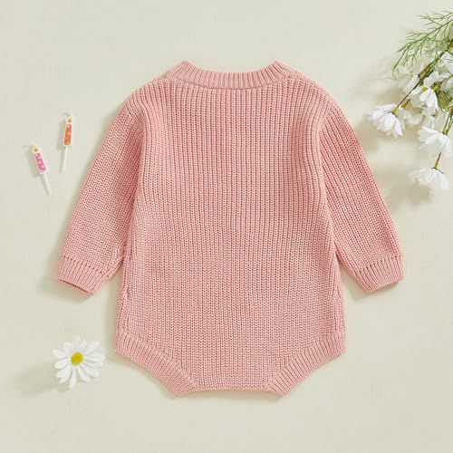 Honganda Infant Baby Girl First Birthday Romper Sweater Long Sleeve One Flower Embroidery Knit Onesie Fall Winter Outfit3