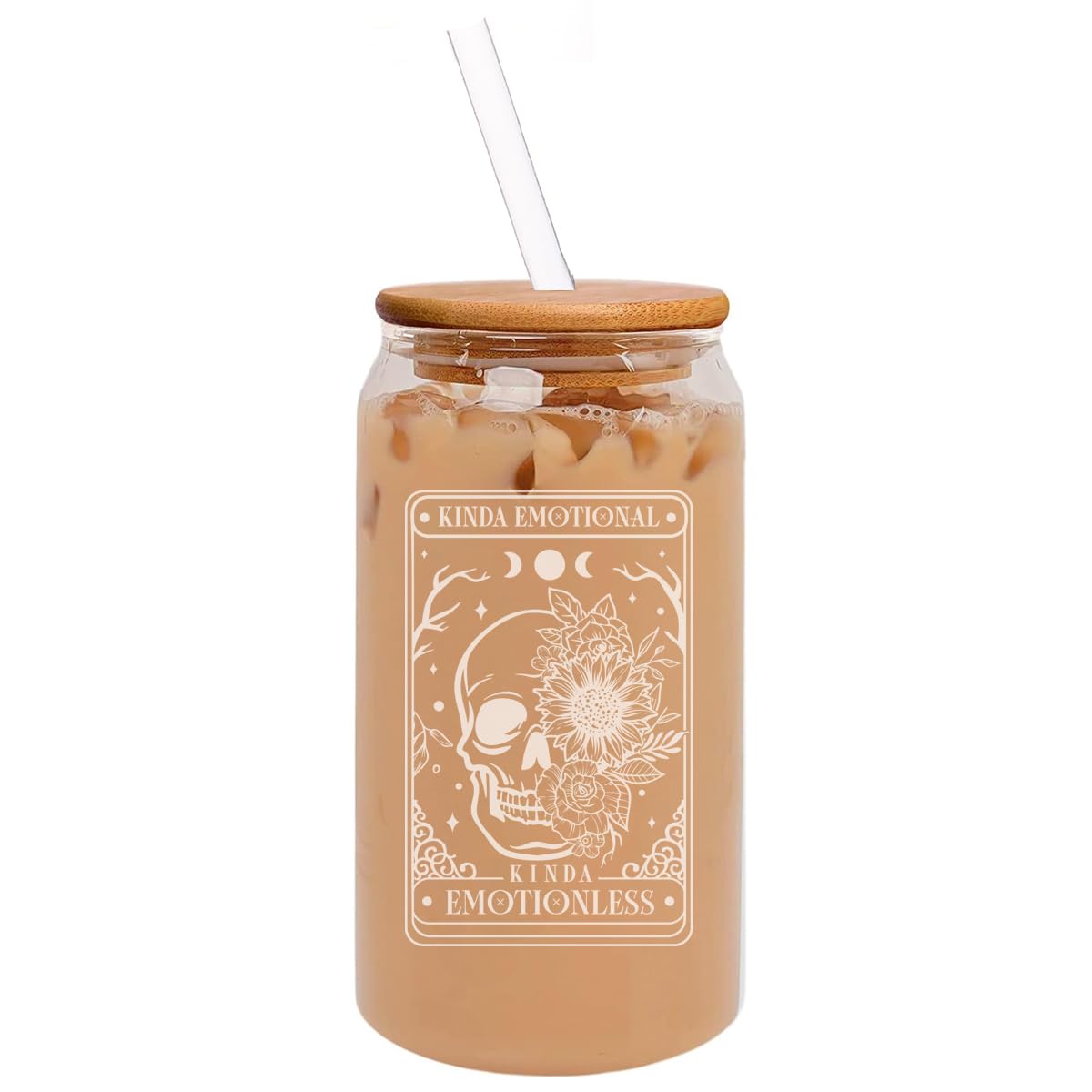 MIP 16oz Can Shaped Glass Iced Coffee Cup with Bamboo Lid and Straw Gift Tarot Kinda Emotional Skull Flowers Funny
