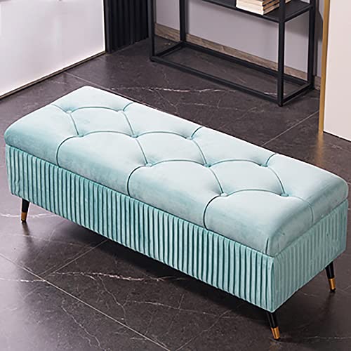 Lujoso banco de almacenamiento de terciopelo para dormitorio y entrada, moderno otomano tapizado con almacenamiento oculto, color verde claro, 90 x 45 x 45 cm