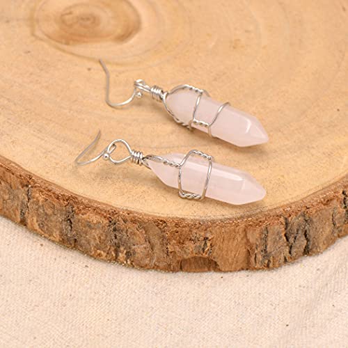 Paialco Hand Wired Natural Rose Quartz Healing Crystal Point Chakra Dangling Earrings #TOP3