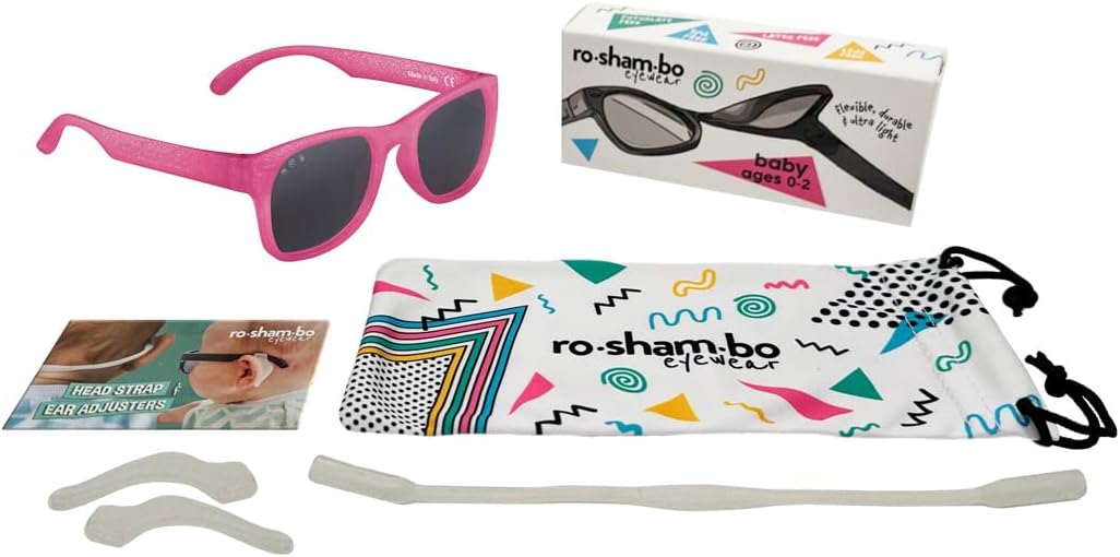 ROSHAMBO Unbreakable Baby Sunglasses with Strap BPA-free – Girls Boys 0-24 months Infants – Polarized Lens, Assembled in USA, Kelly Kapowski (Pink Glitter)