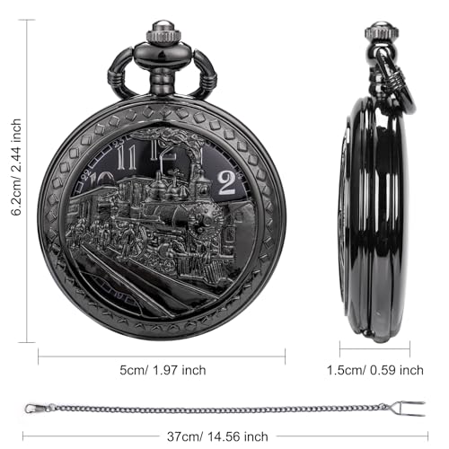 Image of SIBOSUN Antique Men Pocket Watch with Chain Oversized 50MM 1.96 Inch 3D Locomotive Steam Train Railroad Hollow + Box