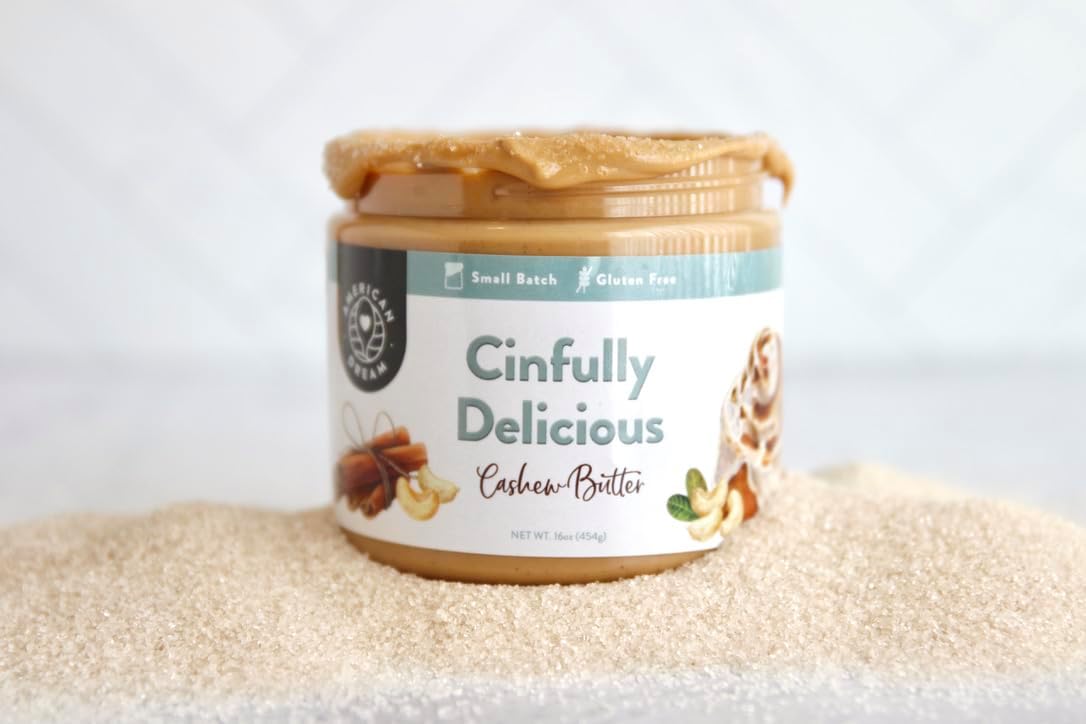 American Dream Nut Butter - Gluten-Free Cinfully Delicious - Small-Batch Hand-Whipped Cinnamon Roll Flavored Cashew Butter Mixed With Caramel Crunchies