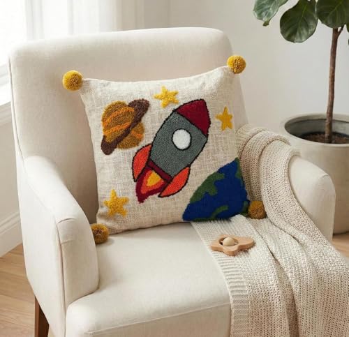 Image of Embroidered Kids Cushion Cover 16 x 16 Inches or 40x40 cms Cotton Fabric Space Theme Cushion Covers for Sofa Set /Diwan Beds, Space Rocket Planet Cartoon Throw Pillow, Set of 1 Pc