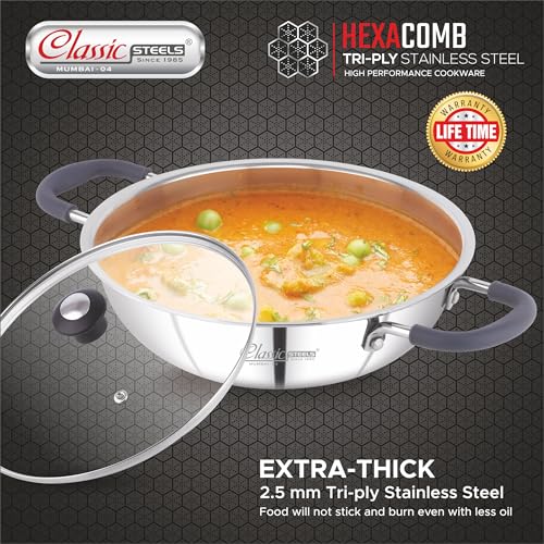 Image of Classic Steels Hexa Comb Triply Kadai with Glass Lid - 1.5 LTR (20cm) | Stainless Steel Non-Stick Kadhai for Cooking | Gas & Induction Compatible | 2.5mm Thickness | Durable Stay Cool Silicon Handle