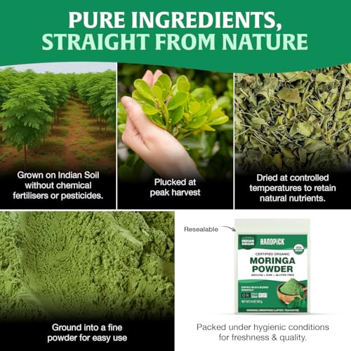 HANDPICK USDA Organic Moringa Powder (397g/14oz) Pure Moringa Oleifera Leaf Powder | Authentic Indian Origin | Gluten Free, Non-GMO | Perfect for Smoothies, Drinks, Tea & Recipes