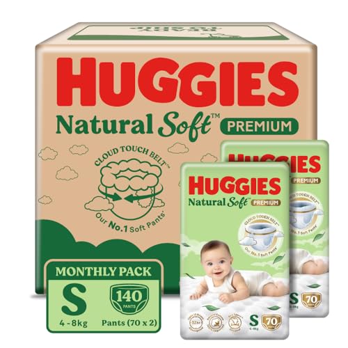 Image of Huggies Natural Soft Premium Baby Diaper Pants, Our No.1 Soft Pants, Small (S) Size (4-8 Kgs), Monthly Pack of 140 diapers | Cloud Softness All over with India's 1st Cloud Touch BeltTM