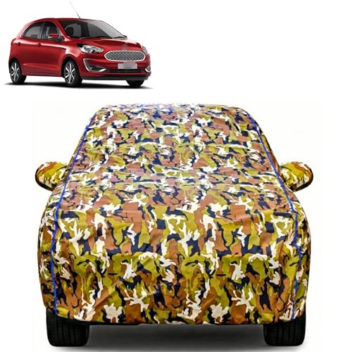 Image of Waterproof Car Body Cover for Ford Figo with Mirror Pocket| Cotton Inner Lining | Triple Stitched | All Weather Protection | Dust, UV & Rain Proof (Camouflage with Blue Piping)