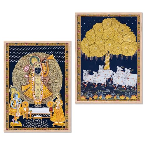 Image of kotart Premium Traditional Wall Art Set of 2 | Kamdhenu Cow Painting | MDF Wooden Framed Pooja Room & Living Room Wall Decor (Art 2, 14x20 Inch)