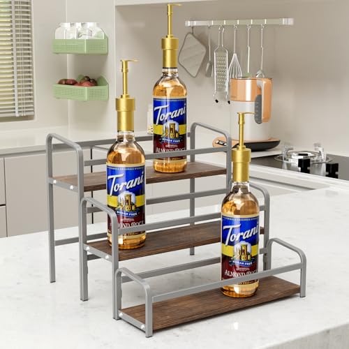 3-Tier Coffee Syrup Rack for Countertop, Large Capacity 12-Bottles Syrup Stand with Wood Shelf & Metal Frame for Coffee Bar, Premium Grey Coffee Organizer Station/Wine Rack for Kitchen Storage