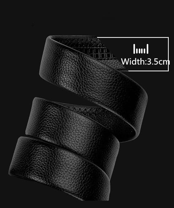 Image of Men's Black Leather Formal Belt, Automatic Grip Buckle, Adjustable Waist Strap, Free Size