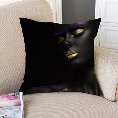 Tssohu African Afro American Throw Pillow Cover Farmhouse Decorative Cotton Linen Pillow Cover Afrocentric Black Girl Golden Lips Square Cushion Covers Sofa Bed Décor 18X18 Inch #TOP2