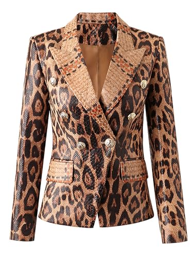 Leopard Printed Vintage Blazers Women Notched Collar Fashion Long Sleeve Slimming Double Breasted Coat Female Jacket